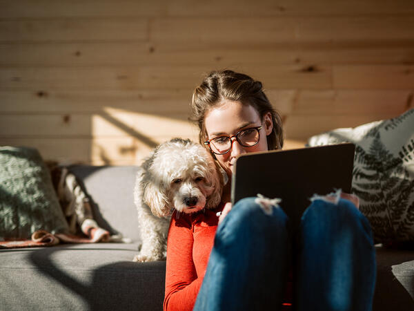 Woman working in the laptop with her dog beside her on the couch